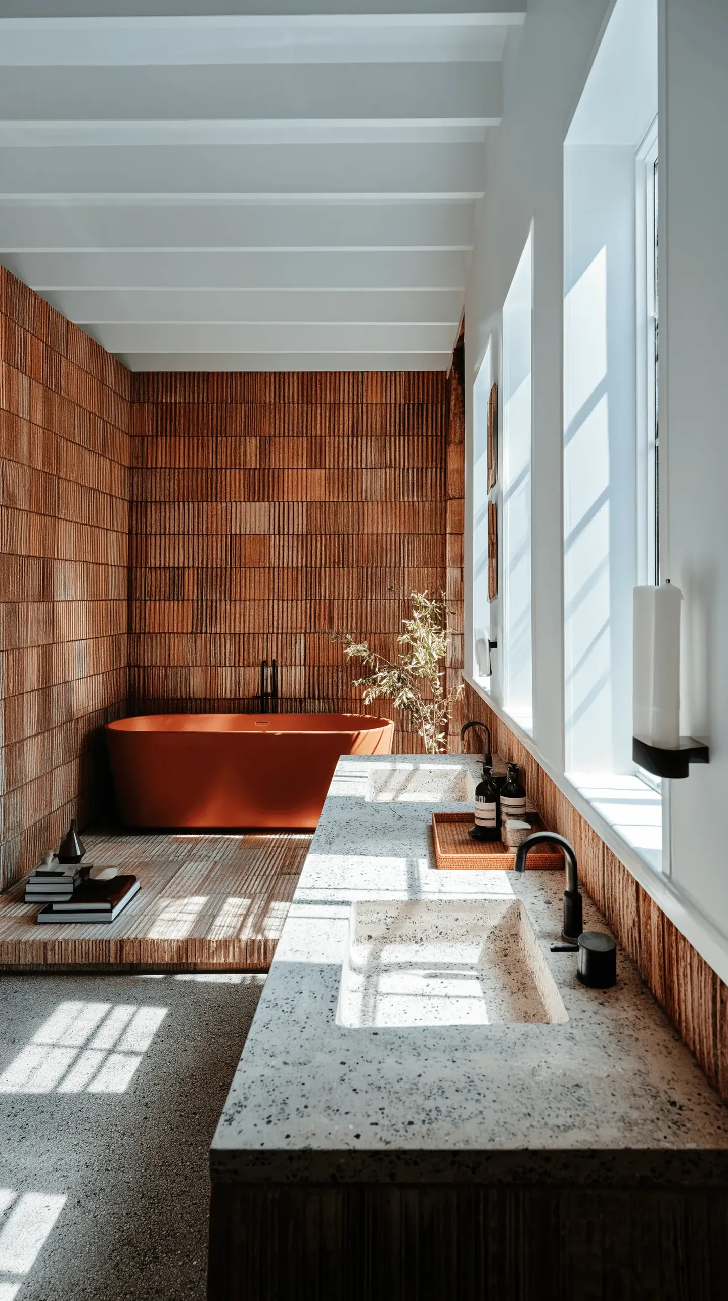 A long bathroom in exposed red brick, a concrete bench and trough basin running its length under tall windows