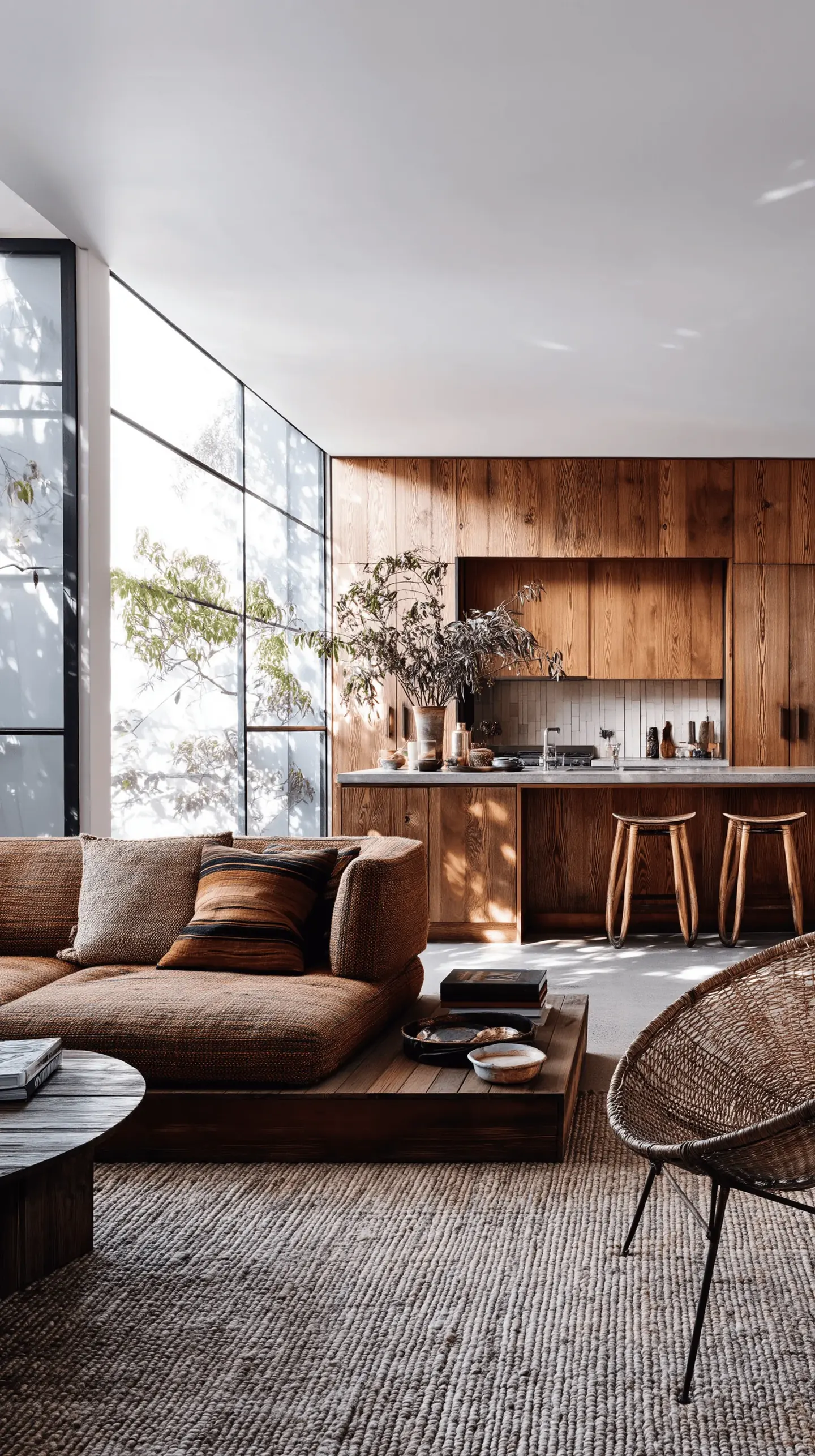 A living area looking through to a timber-lined kitchen, with a low sofa and a round dining table