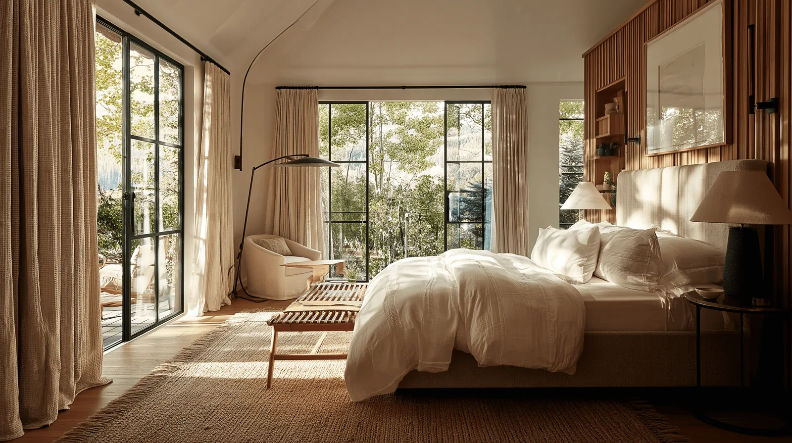 A bedroom with a white-draped bed and sheer curtains, glazed doors opening to a treed outlook