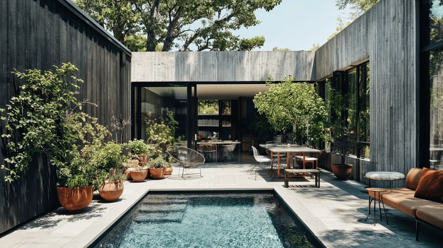 A dark timber-clad house wrapped around a lap pool, with potted plants and outdoor seating