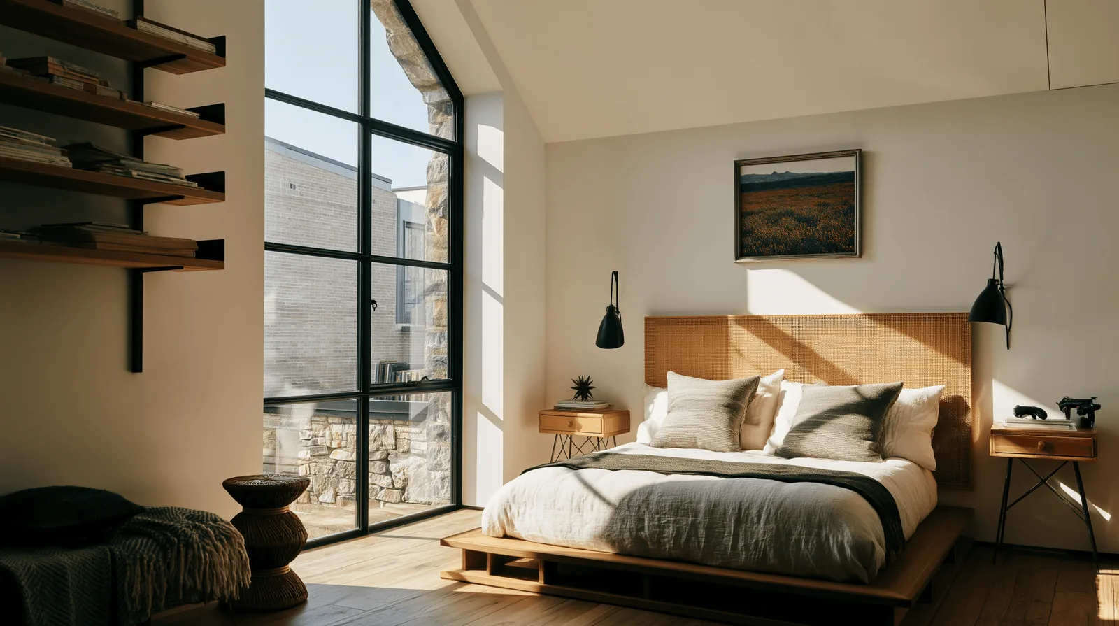 A bedroom with black-framed windows, floating timber shelves and a low platform bed