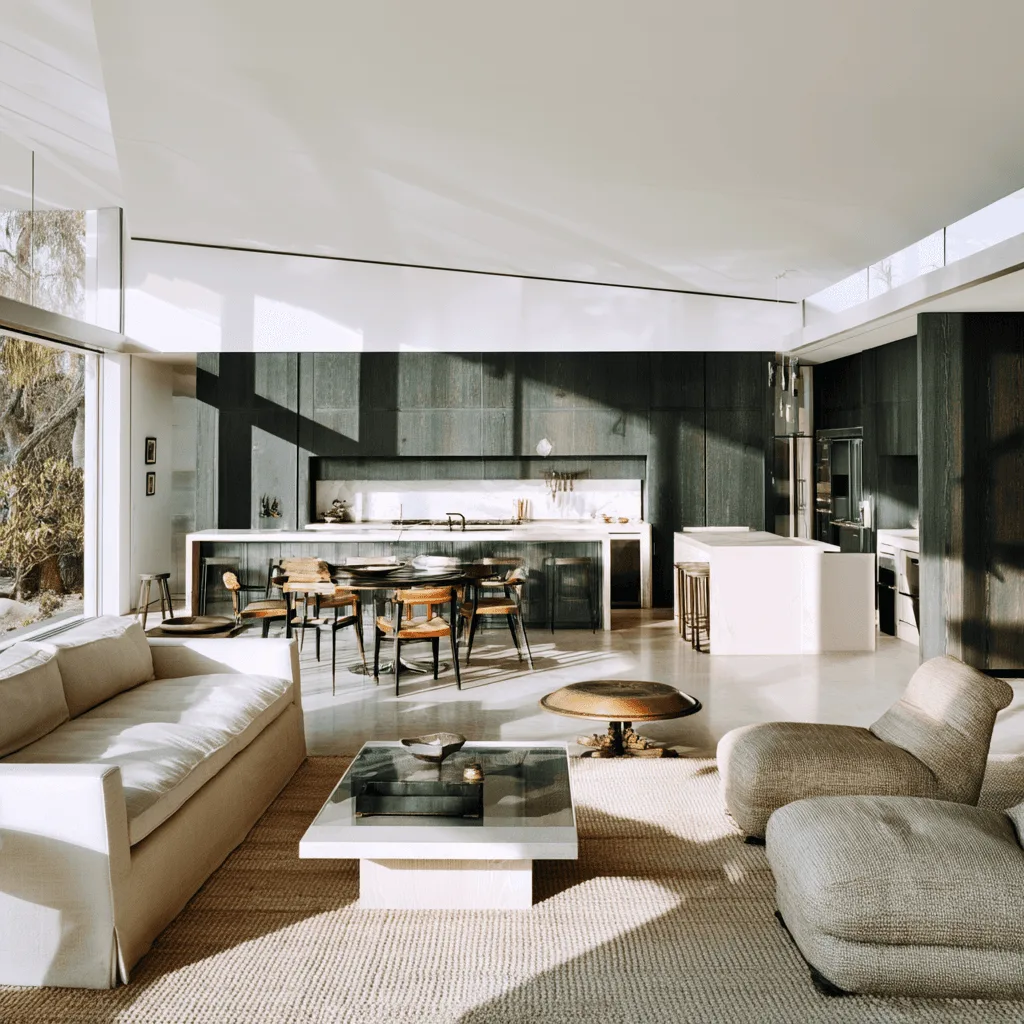 An open-plan living and dining space with a pale sectional sofa, a glass table and a kitchen bench beyond