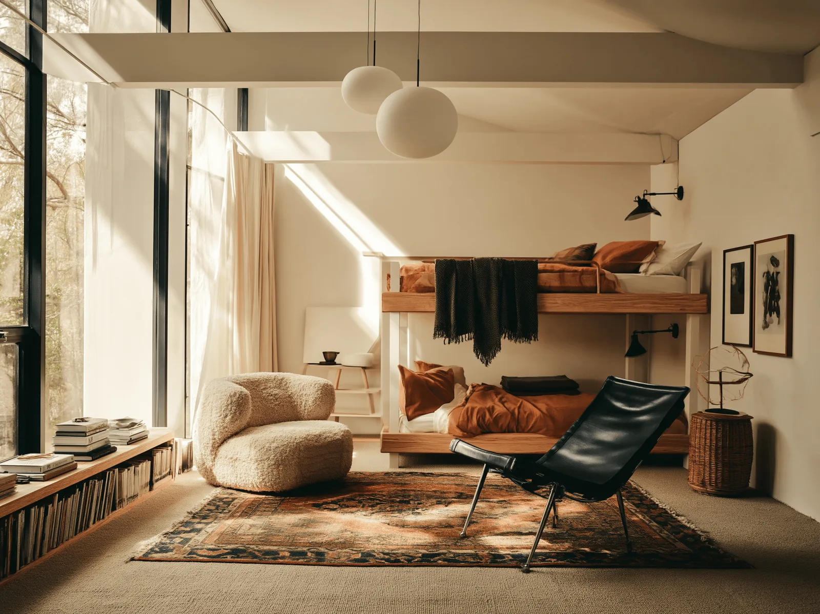A double-height living room with a mezzanine above, a black leather lounge chair and a boucle sofa