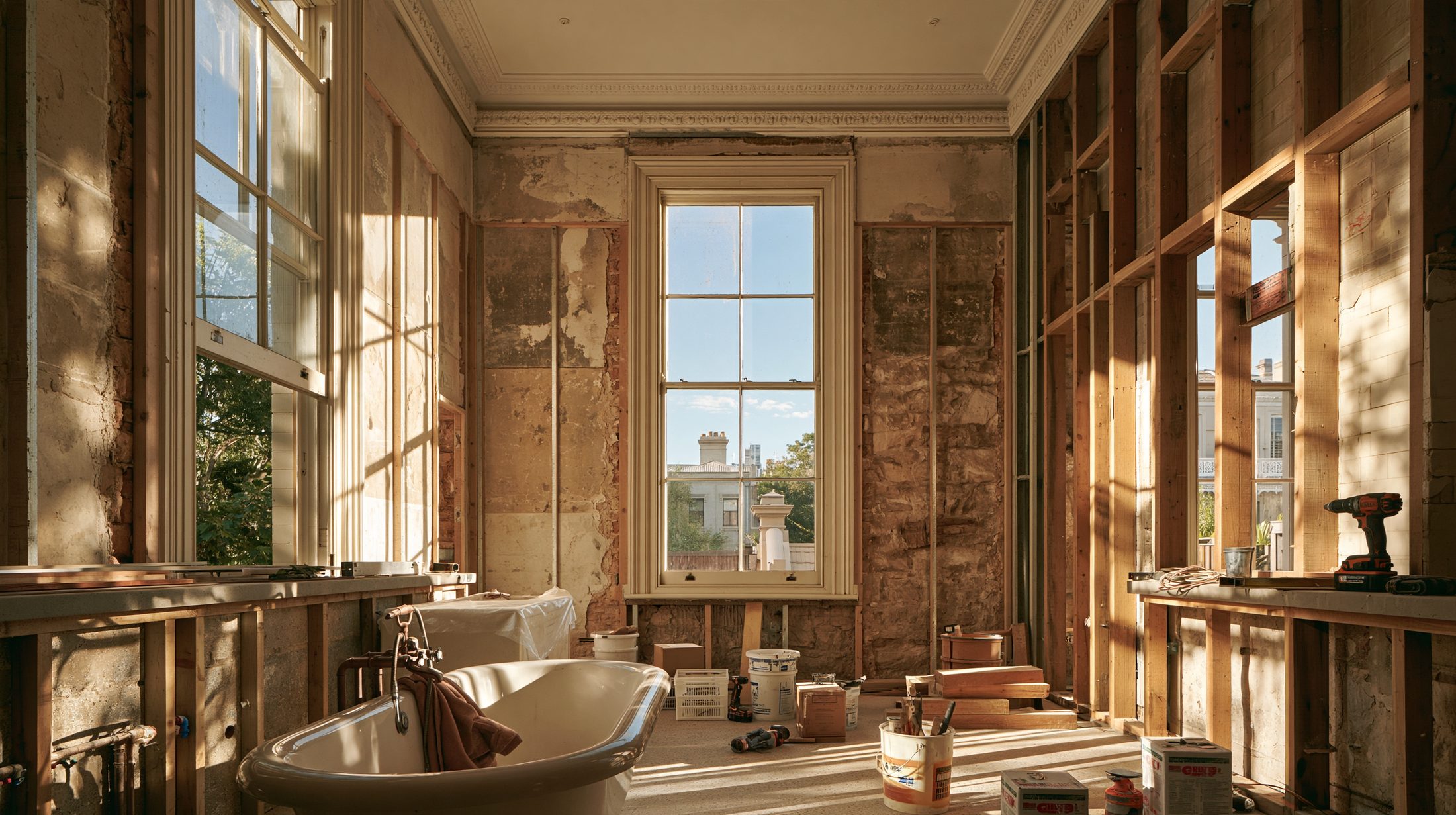 A Sydney terrace bathroom stripped to the studs, afternoon light through a sash window, a clawfoot bath and tools on the floor